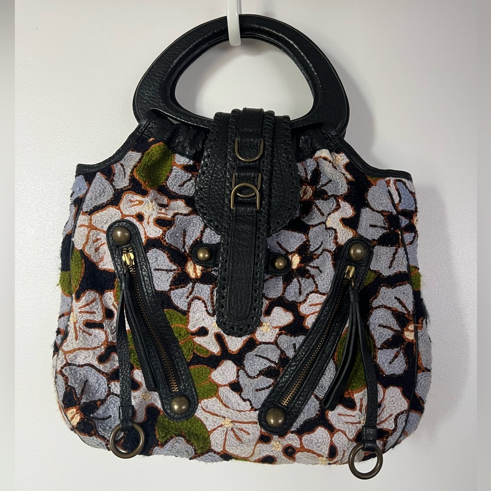 Isabella Fiore Black and Blue Knit Floral Shoulder Bag with Structured Handle